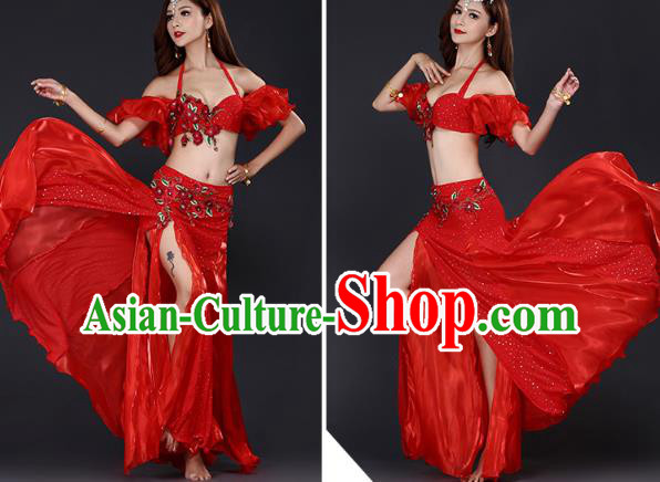Indian Oriental Dance Red Bra and Skirt Uniforms Asian Belly Dance Training Costumes