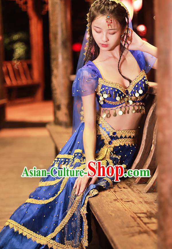 Traditional Belly Dance Uniforms Asian Bollywood Performance Clothing Indian Jasmine Princess Royalblue Sequins Blouse and Skirt