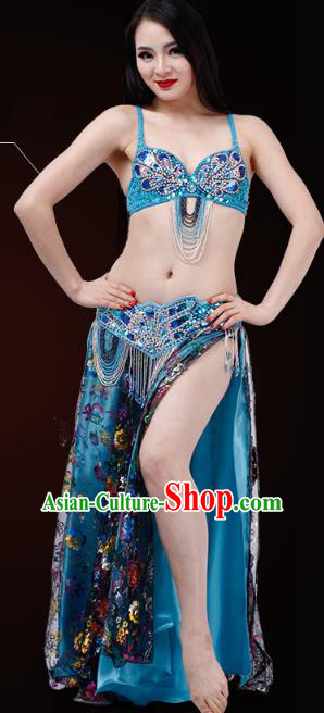Asian Stage Performance Uniforms Indian Belly Dance Costumes Oriental Dance Blue Bra and Skirt
