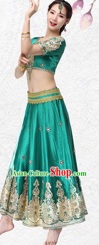 Indian Bollywood Dance Dress Belly Dance Clothing Asian Performance Costume Embroidered Green Blouse and Skirt