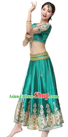 Indian Bollywood Dance Dress Belly Dance Clothing Asian Performance Costume Embroidered Green Blouse and Skirt