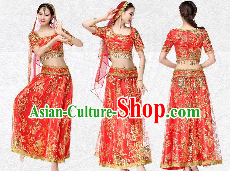 Asian Bollywood Performance Costume Embroidered Red Blouse and Skirt Indian Dance Dress Clothing