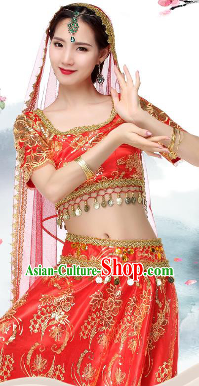 Asian Bollywood Performance Costume Embroidered Red Blouse and Skirt Indian Dance Dress Clothing