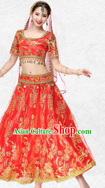 Asian Bollywood Performance Costume Embroidered Red Blouse and Skirt Indian Dance Dress Clothing