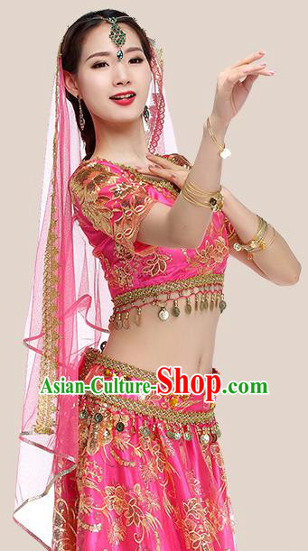 Indian Dance Dress Clothing Asian Bollywood Performance Costume Embroidered Rosy Blouse and Skirt