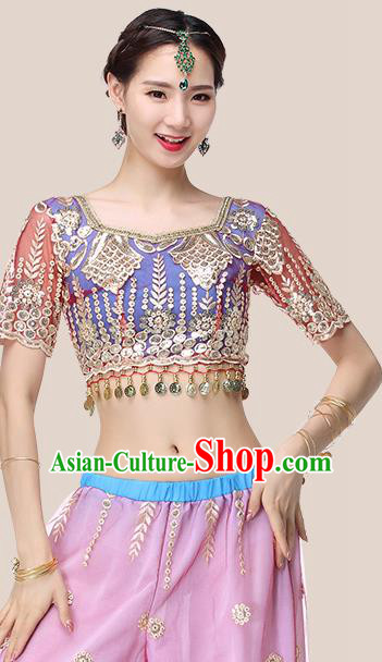 Indian Stage Performance Blue Blouse and Pink Pants Traditional Dance Dress Asian Belly Dance Costume