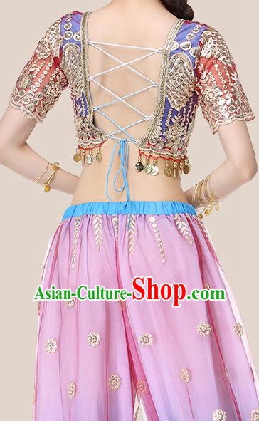 Indian Stage Performance Blue Blouse and Pink Pants Traditional Dance Dress Asian Belly Dance Costume