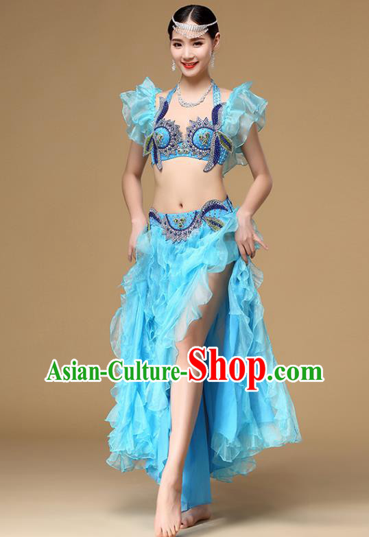 Asian Oriental Dance Blue Uniforms Indian Dance Sexy Clothing Belly Dance Performance Bra and Skirt