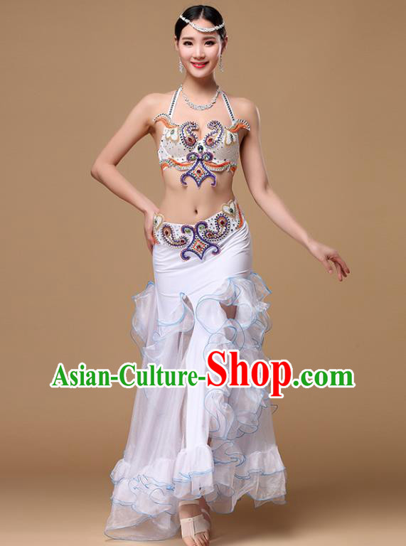 Indian Belly Dance White Uniforms Asian Oriental Dance Clothing Traditional Stage Performance Bra and Fishtail Skirt