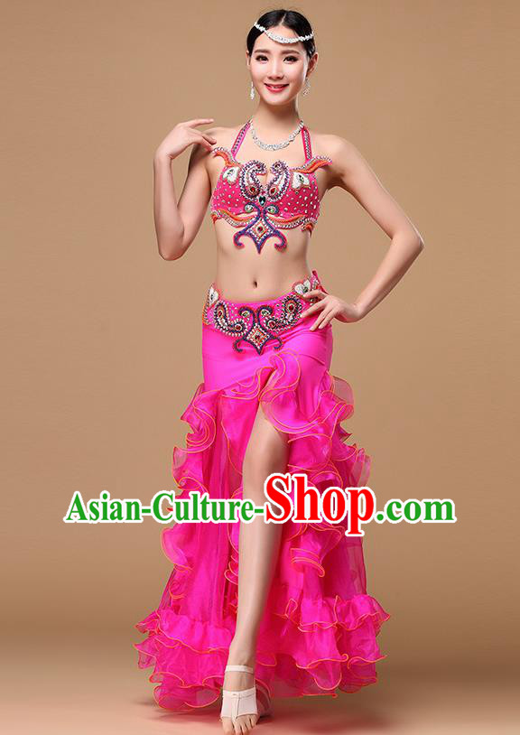 Asian Belly Dance Rosy Uniforms Oriental Dance Clothing Indian Traditional Stage Performance Bra and Fishtail Skirt