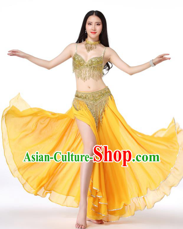 Asian Performance Golden Tassel Bra and Skirt Indian Traditional Belly Dance Uniforms Oriental Dance Costumes