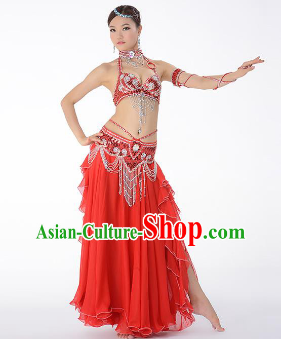 Traditional Indian Belly Dance Performance Red Bra and Skirt Uniforms Asian Oriental Dance Dress Costume