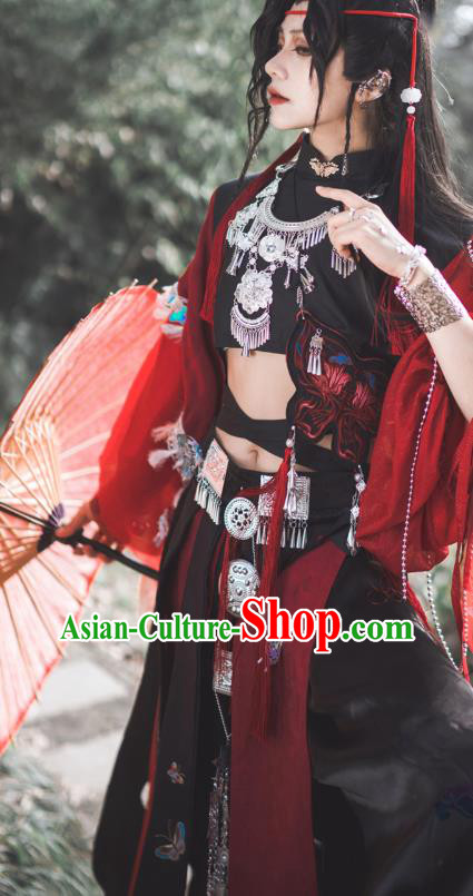 China Cosplay Character Miao Ethnic Clothing Traditional Ancient Fairy Red Dress Garment