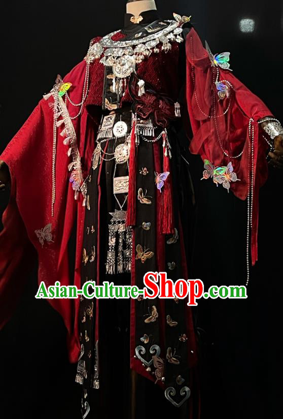 China Cosplay Character Miao Ethnic Clothing Traditional Ancient Fairy Red Dress Garment