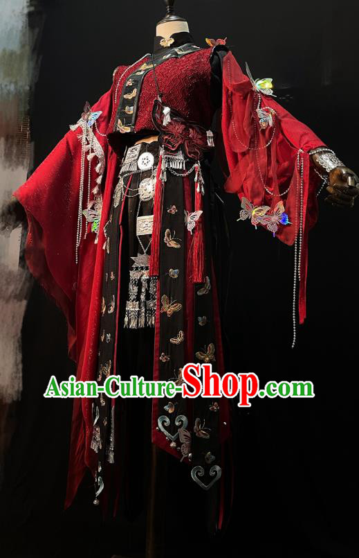 China Cosplay Character Miao Ethnic Clothing Traditional Ancient Fairy Red Dress Garment
