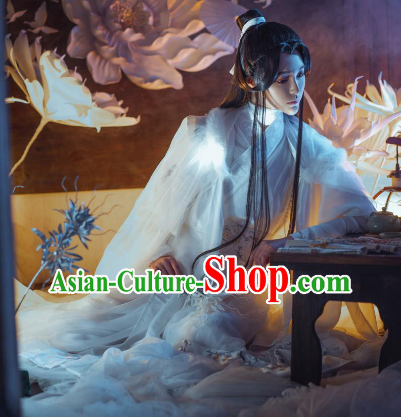 Chinese Ancient Noble Childe Garment Costumes Jin Dynasty Knight White Clothing Cosplay Swordsman Apparels