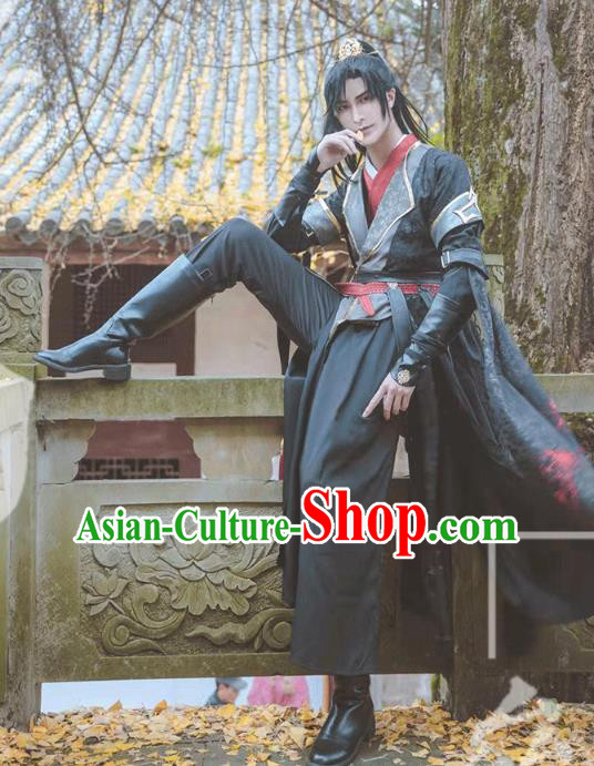 Chinese Cosplay Swordsman Helan Que Apparels Ancient Young Man Garment Costumes Qin Dynasty Knight Black Clothing