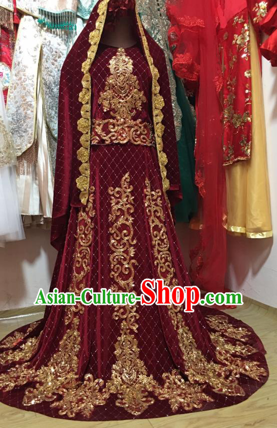 Asian India Bride Lehenga Dress Garment Indian Traditional Wedding Wine Red Velvet Clothing