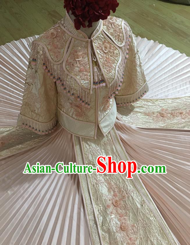 Chinese Traditional Wedding Garment Costumes Bride Pink Xiuhe Suits Hui Ethnic Woman Dress Clothing