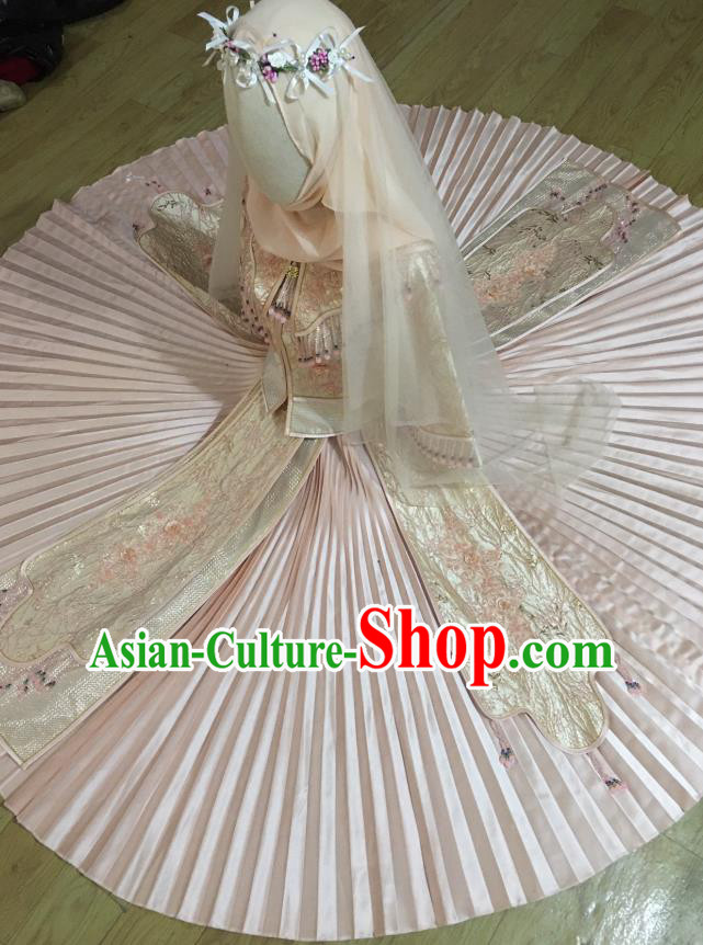 Chinese Traditional Wedding Garment Costumes Bride Pink Xiuhe Suits Hui Ethnic Woman Dress Clothing