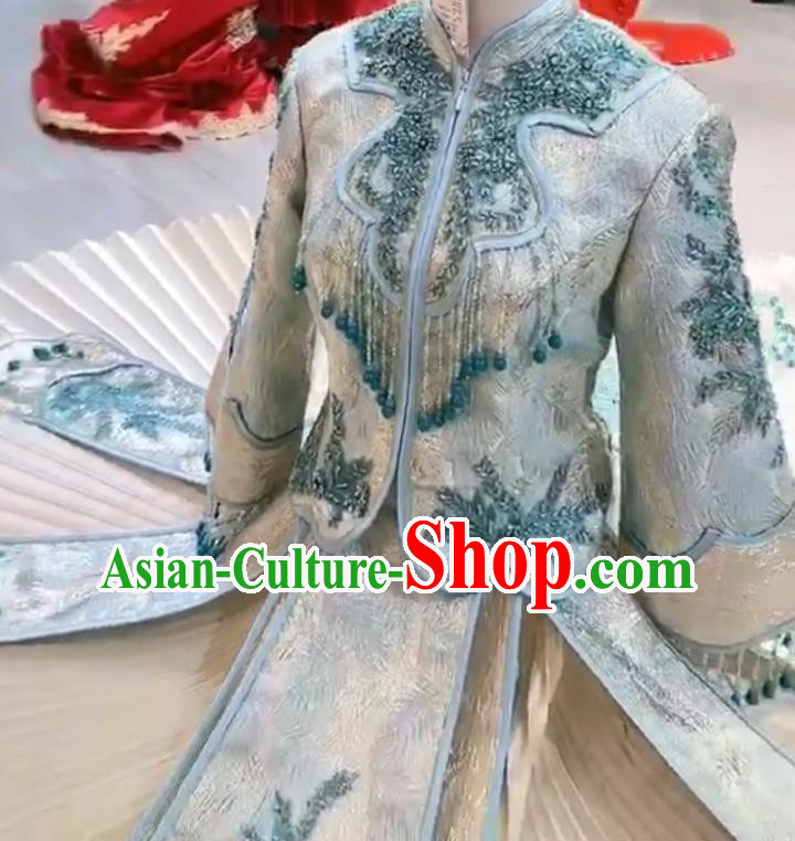 Chinese Hui Ethnic Bride Dress Clothing Traditional Wedding Garment Costumes Classical Blue Xiuhe Suits