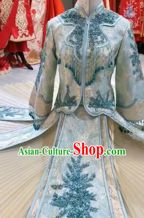 Chinese Hui Ethnic Bride Dress Clothing Traditional Wedding Garment Costumes Classical Blue Xiuhe Suits