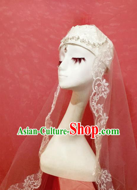 Chinese Traditional Hui Nationality Wedding Headdress Ethnic Bride Embroidered White Veil Hat