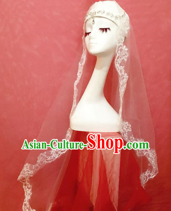 Chinese Traditional Hui Nationality Wedding Headdress Ethnic Bride Embroidered White Veil Hat