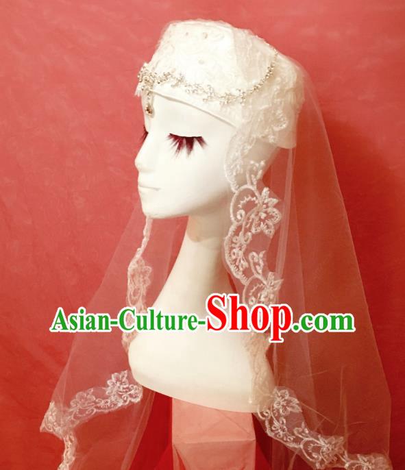 Chinese Traditional Hui Nationality Wedding Headdress Ethnic Bride Embroidered White Veil Hat