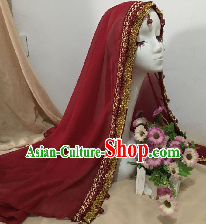 Chinese Ethnic Bride Wine Red Veil Traditional Hui Nationality Wedding Headdress