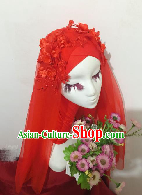 Chinese Traditional Hui Nationality Wedding Headdress Ethnic Bride Red Veil Headwear