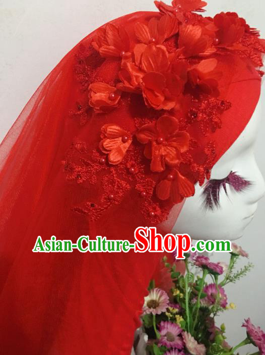 Chinese Traditional Hui Nationality Wedding Headdress Ethnic Bride Red Veil Headwear