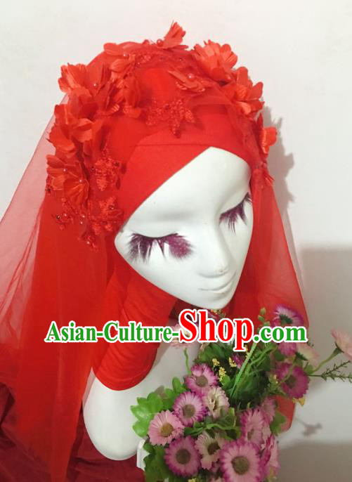 Chinese Traditional Hui Nationality Wedding Headdress Ethnic Bride Red Veil Headwear