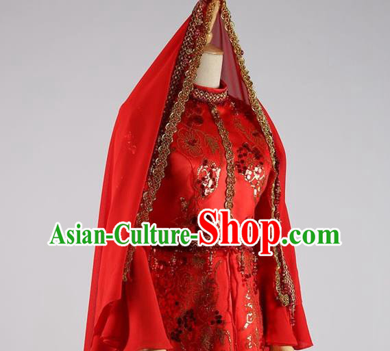 Chinese Classical Embroidered Red Dress Hui Ethnic Bride Clothing Traditional Wedding Garment Costumes