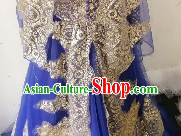 Chinese Traditional Wedding Garment Costumes Classical Embroidered Royalblue Dress Hui Ethnic Bride Clothing