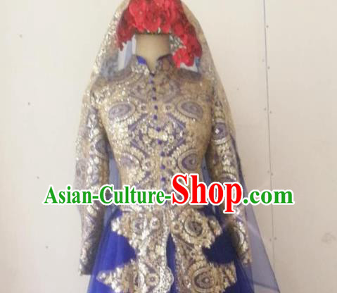 Chinese Traditional Wedding Garment Costumes Classical Embroidered Royalblue Dress Hui Ethnic Bride Clothing