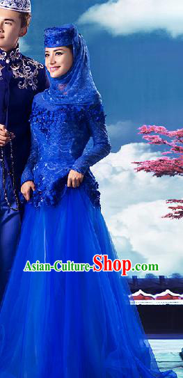 Chinese Traditional Hui Nationality Wedding Garment Costumes Ethnic Bride Clothing Classical Embroidered Blue Full Dress and Hat