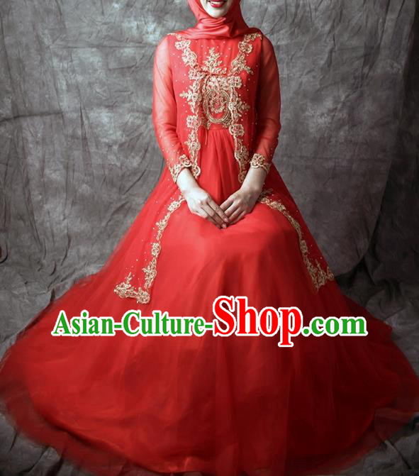 Chinese Classical Embroidered Red Full Dress Traditional Ethnic Wedding Garment Costumes Hui Nationality Bride Clothing