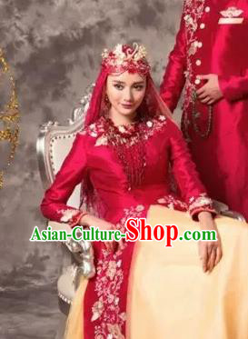 Asian India Court Bride Wine Red Dress Garment Indian Traditional Wedding Lehenga Clothing
