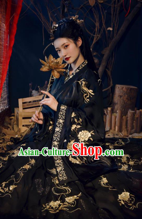 China Traditional Jin Dynasty Imperial Concubine Historical Clothing Ancient Palace Lady Embroidered Black Hanfu Dress Garments for Women