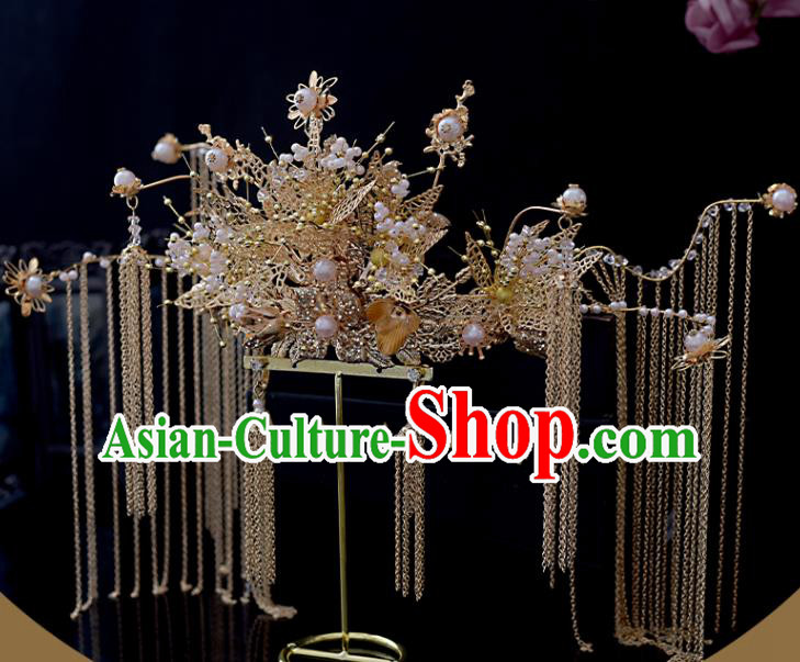 Chinese Xiuhe Suit Golden Tassel Hair Crown Classical Bride Phoenix Coronet Headdress Traditional Wedding Hair Accessories