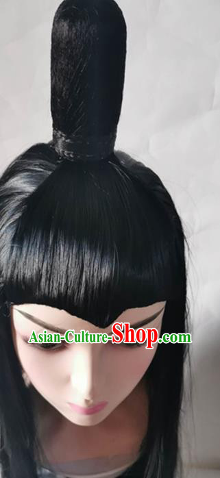 China Cosplay Swordsman Wigs Traditional Tang Dynasty Childe Black Long Wig Sheath Headwear