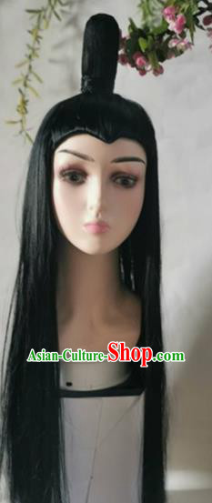 China Cosplay Swordsman Wigs Traditional Tang Dynasty Childe Black Long Wig Sheath Headwear