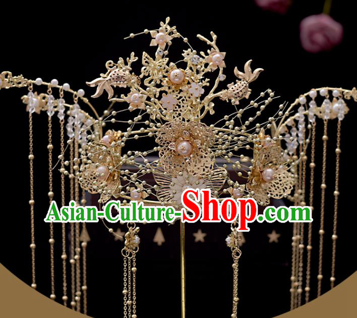 Chinese Classical Bride Phoenix Coronet Headdress Traditional Wedding Hair Accessories Xiuhe Suit Golden Hair Crown