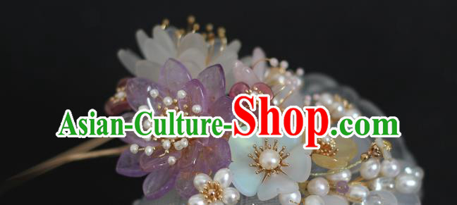China Ming Dynasty White Chalcedony Hair Stick Traditional Hanfu Headpiece Ancient Princess Pearls Hairpin