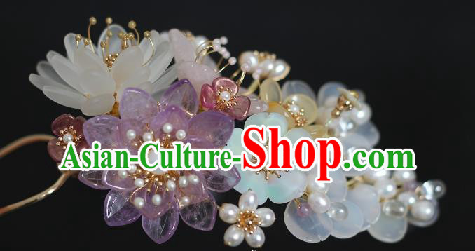China Ming Dynasty White Chalcedony Hair Stick Traditional Hanfu Headpiece Ancient Princess Pearls Hairpin