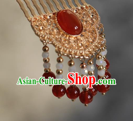 China Traditional Hanfu Headpiece Ancient Princess Tassel Hairpin Tang Dynasty Golden Hair Comb