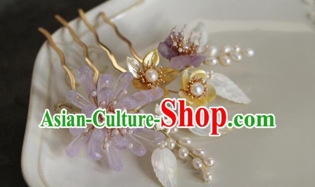 China Song Dynasty Pink Chrysanthemum Hair Comb Traditional Hanfu Headwear Ancient Princess Shell Hairpin