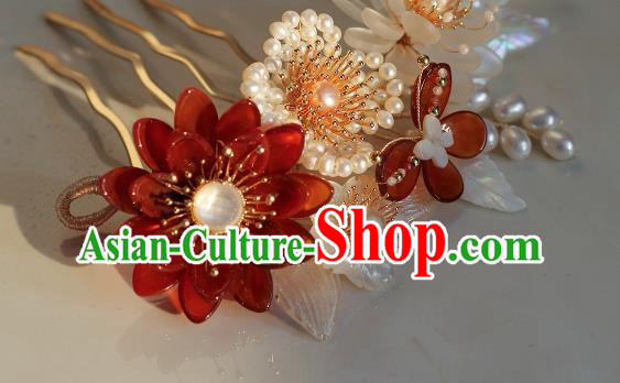 China Ancient Princess Agate Peony Hairpin Song Dynasty Pearls Hair Comb Traditional Hanfu Headwear