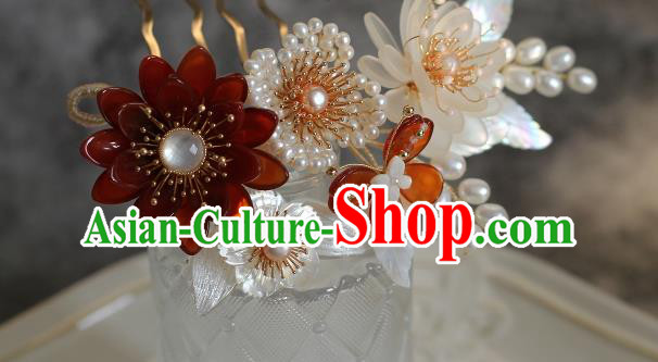China Ancient Princess Agate Peony Hairpin Song Dynasty Pearls Hair Comb Traditional Hanfu Headwear